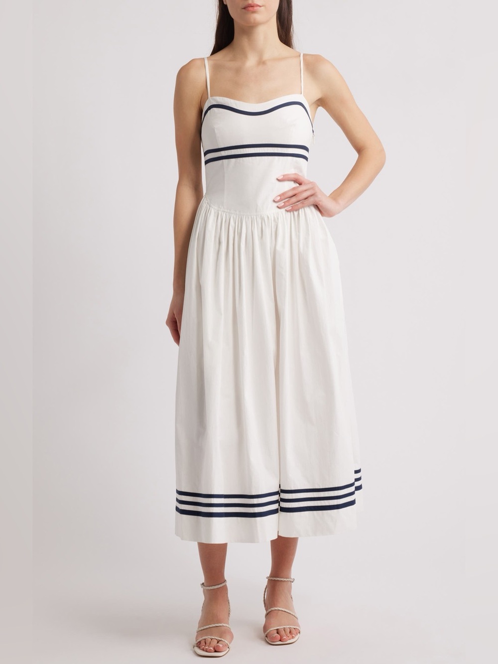 Moon River White Midi Dress with Navy Trim - size small - New!
